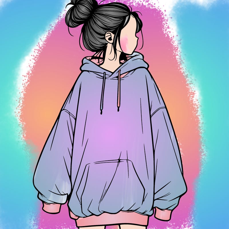 realistic girl with a oversized sweatshirt on and a bun