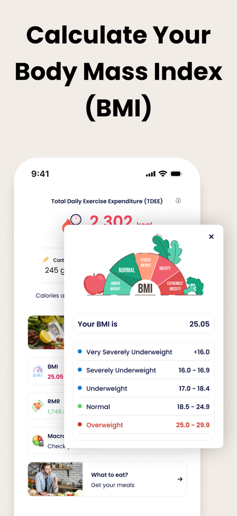 TDEE Calculator - Total Energy - Mobile app interface showing BMI calculation results and weight category scale