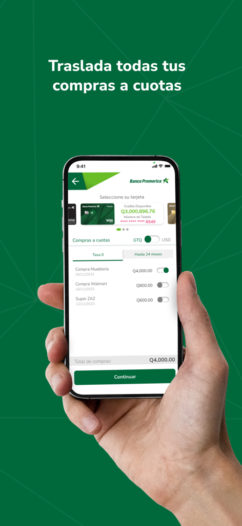 Banco Promerica Guatemala - Smartphone mostrando opciones de cuotas de compra en la aplicación móvil de Banco Promerica Guatemala