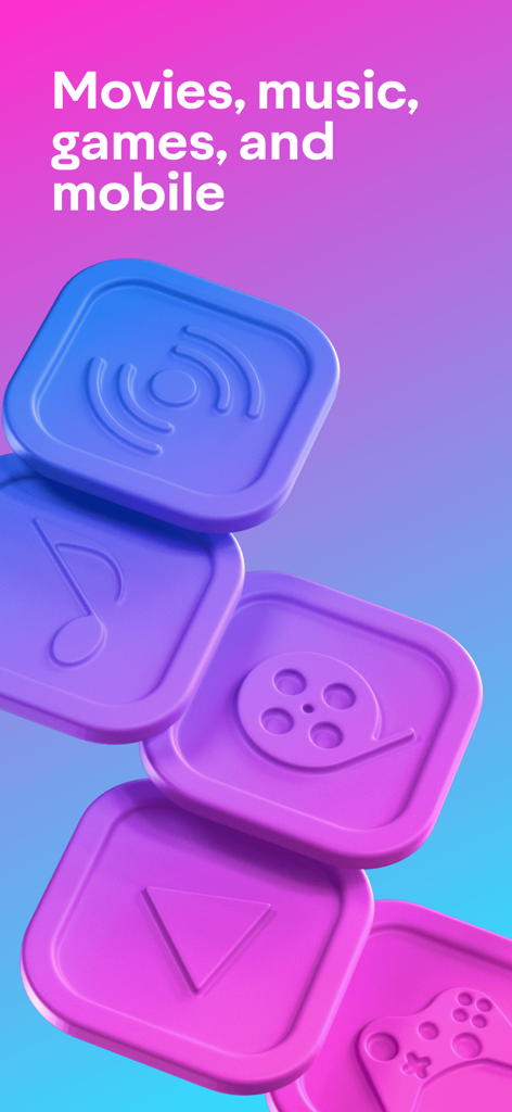 IZI: play, listen, watch, call - Vista general de la aplicación IZI que muestra iconos de películas, música, juegos y móviles