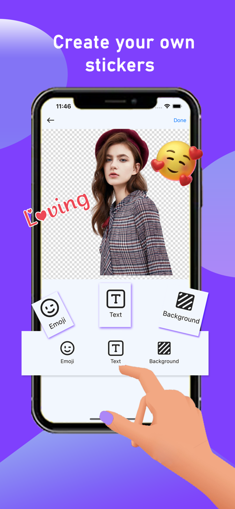 Text Stickers - Sticker Maker - Un écran de smartphone démontrant comment créer des autocollants personnalisés en ajoutant du texte et des emojis à une photo.
