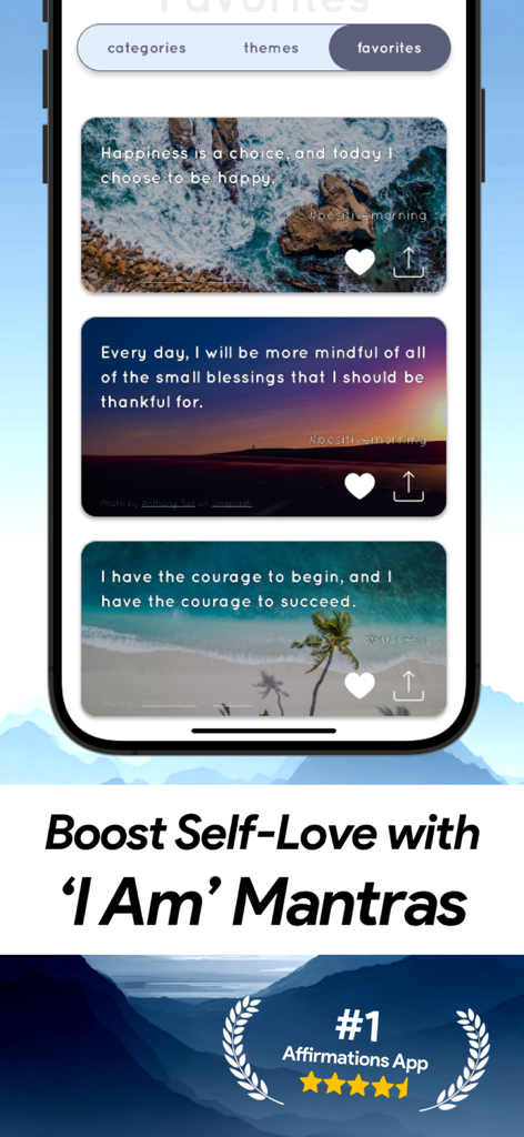 Positive Affirmations: Uplift - A smartphone showing saved daily affirmations and self-love mantras on scenic backgrounds in the Uplift app.