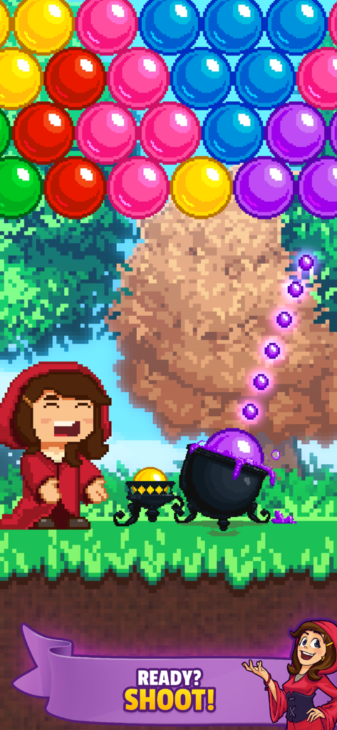 Witch Game - Bubble Pop Origin - Bruja de pixel art disparando burbujas de colores desde un caldero mágico en un juego de disparar burbujas