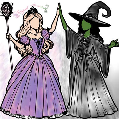 detailed realistic split of a princess and a witch