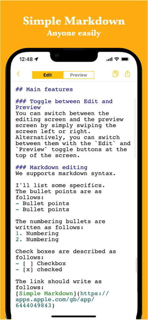 Simple Markdown Editor - iPhone interface of Simple Markdown Editor showing markdown syntax editing for bullet points and checkboxes