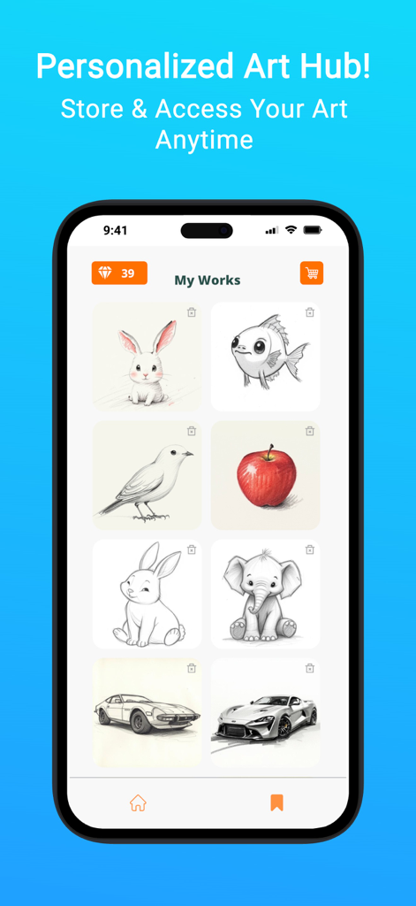 EasyDrawing AR: Sketch & Trace - Écran de smartphone montrant la galerie de l'application EasyDrawing AR avec des croquis sauvegardés d'animaux et de voitures