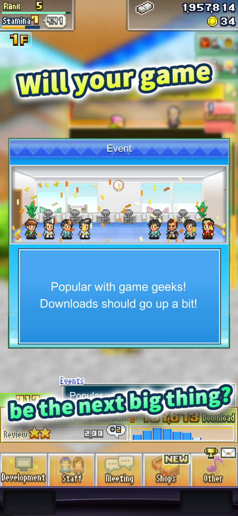 Social Dev Story gameplay showing a staff event with popularity boost and pixel art characters