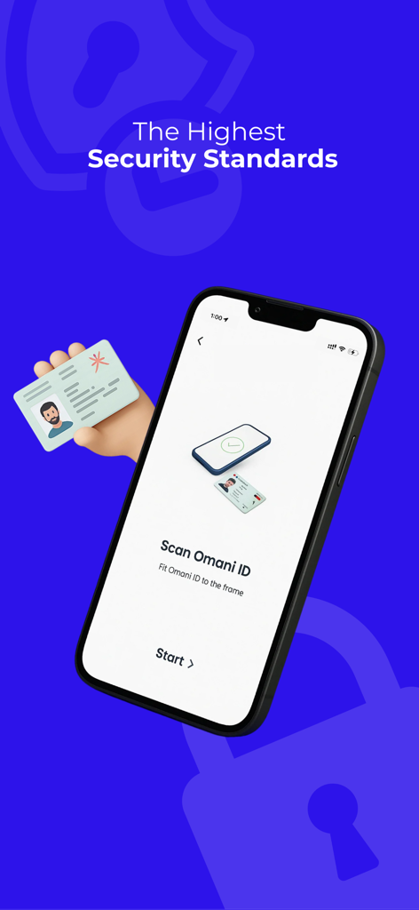 OMPAY - Mobile app screen showing Omani ID scan for secure OMPAY wallet verification