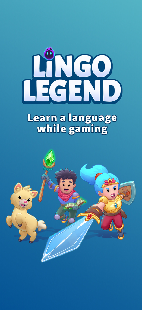 Lingo Legend Language Learning - Lingo Legend app splash screen featuring fantasy RPG characters and the tagline Learn a language while gaming.