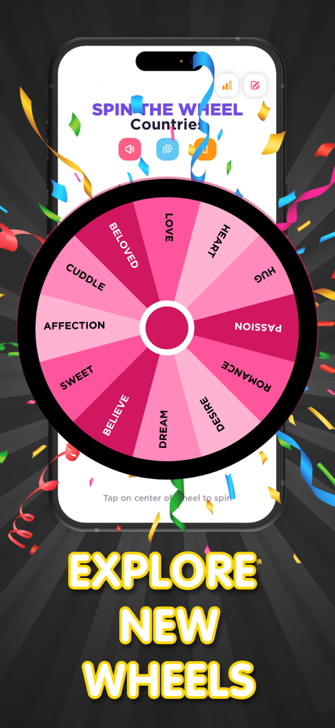 Spin The Wheel - Raffle App - Una interfaz de rueda de selección personalizada de color rosa con palabras románticas y confeti festivo.