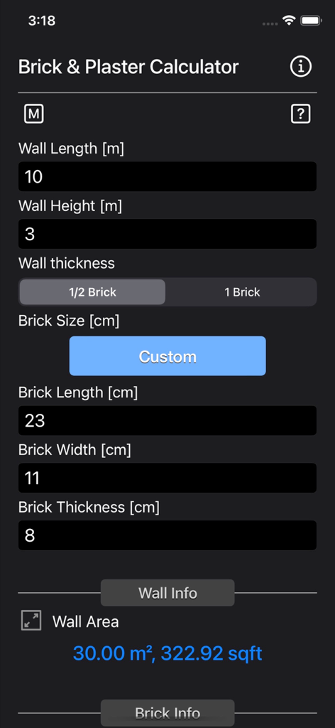 Brick and Plaster Calculator - Mobile app interface of the Brick and Plaster Calculator showing wall and brick size input fields and calculated wall area