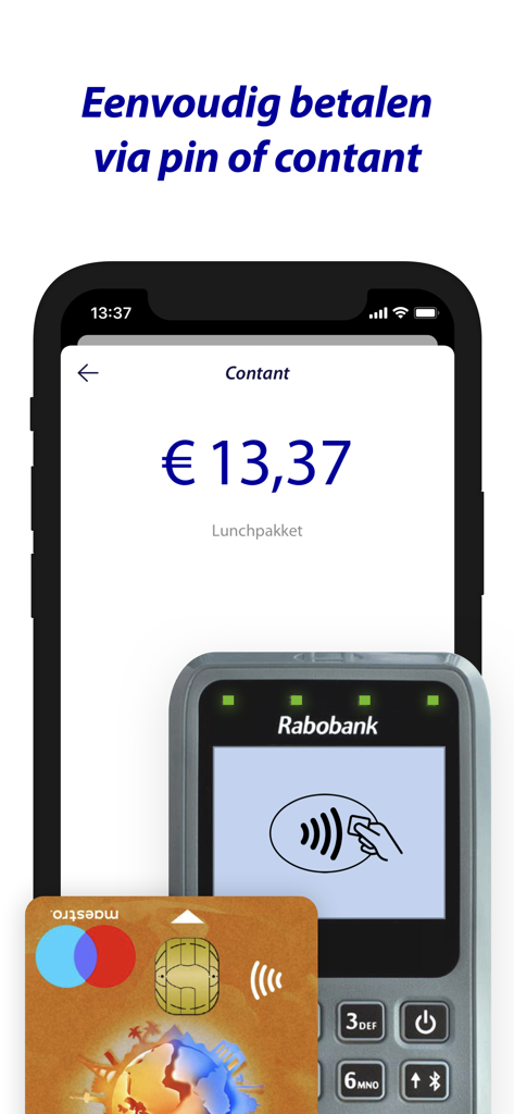Rabo SmartPin app screen showing a mobile payment with a card reader and a contactless debit card