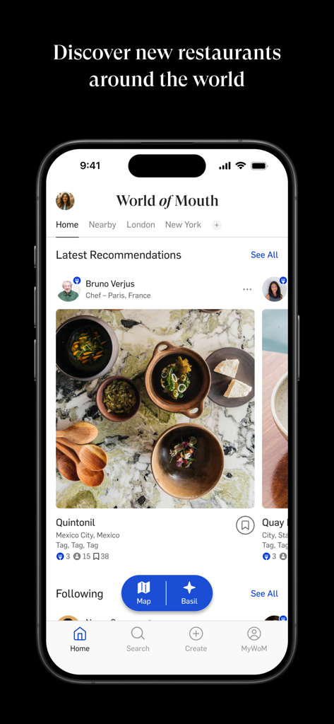 World of Mouth app interface with chef-curated restaurant recommendations