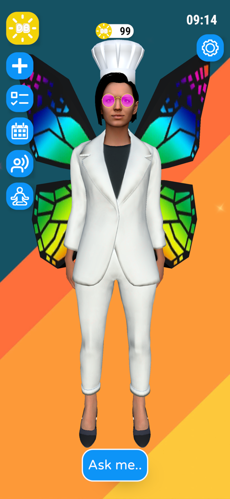Daily Buddy - Pantalla principal de la aplicación Daily Buddy que muestra un asistente 3D personalizable con alas de mariposa y un gorro de chef