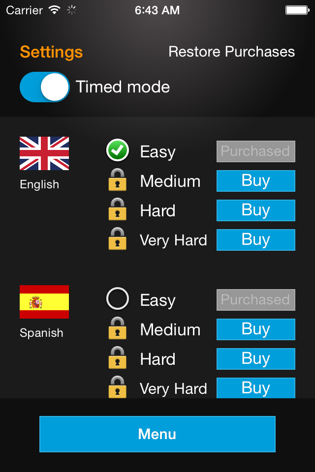 Shuffle: The funny, speedy word finding game - Settings menu of the Shuffle word game showing language options for English and Spanish with difficulty level packs