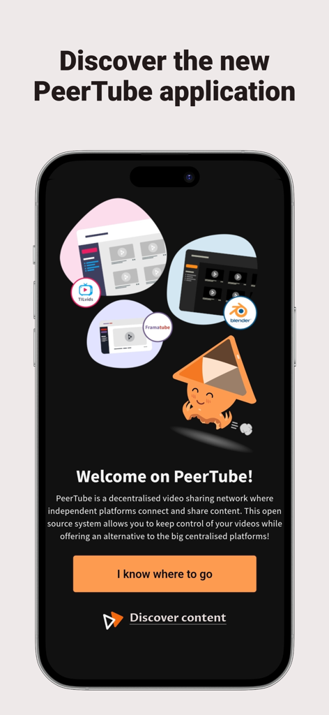 PeerTube - Pantalla de bienvenida de la aplicación PeerTube destacando su red de vídeo descentralizada y su mascota