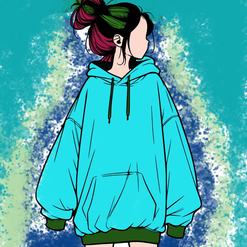 realistic girl with a oversized sweatshirt on and a bun
