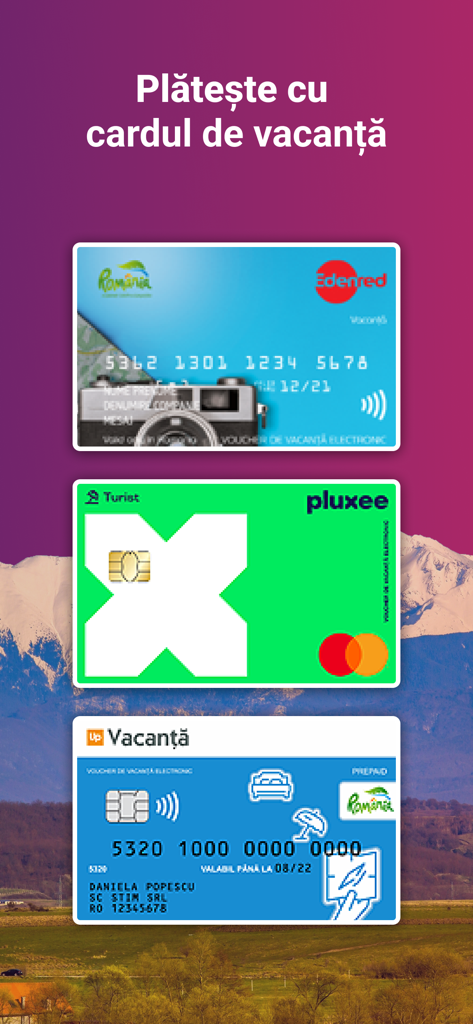 Pantalla de la aplicación móvil que muestra opciones de pago con tarjetas de vacaciones rumanas como Edenred Pluxee y Up Vacanta.