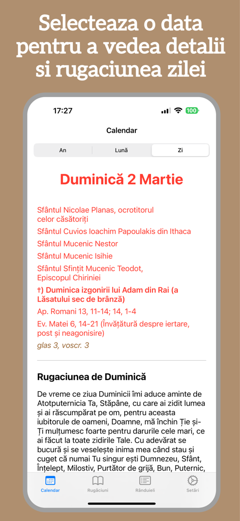 Calendar Ortodox 2026 - Vue quotidienne de l'application Calendrier Orthodoxe Roumain montrant les saints et les prières pour le dimanche 2 mars