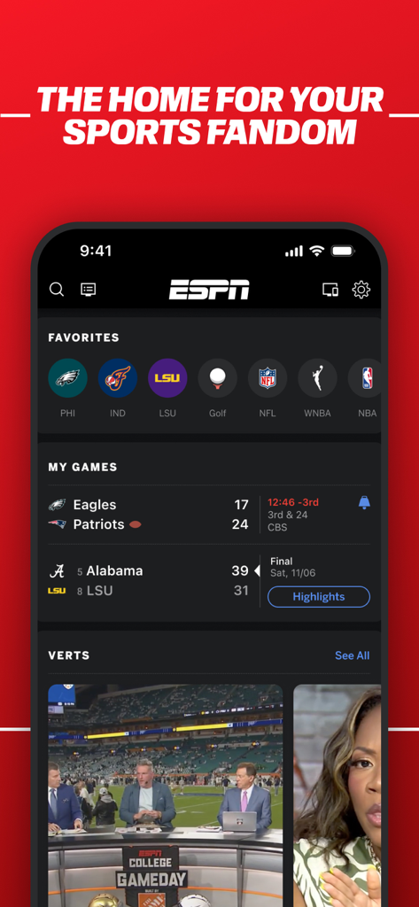 Screenshot of the ESPN app home screen with live game scores and personalized favorite team icons