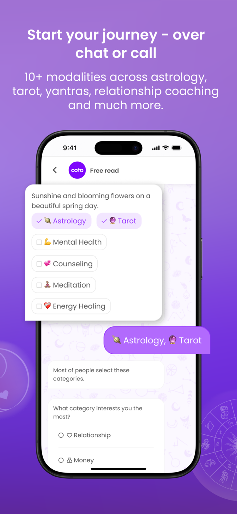 coto - Coto app chat interface showing category selections for astrology and tarot expert consultations.