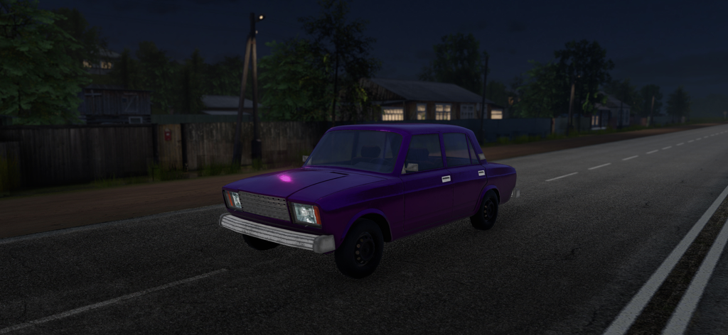 wDrive Roads: Russia - Un coche clásico morado personalizado en una carretera oscura en el juego wDrive Roads Russia.