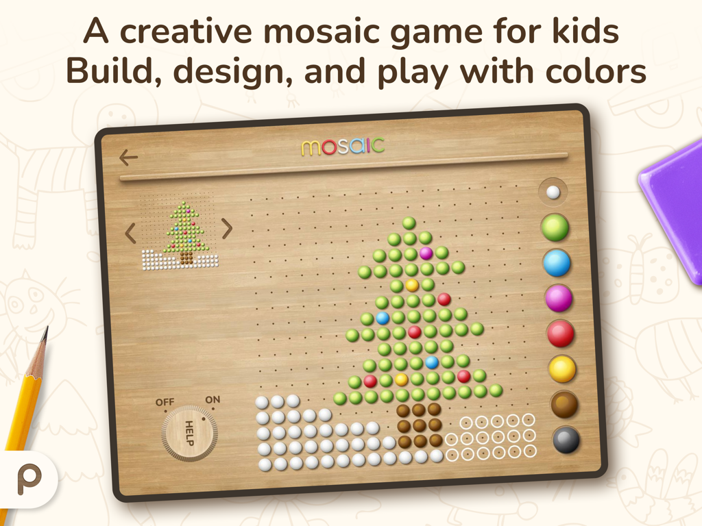 Educational mosaic game for children featuring a colorful pegboard tree design.