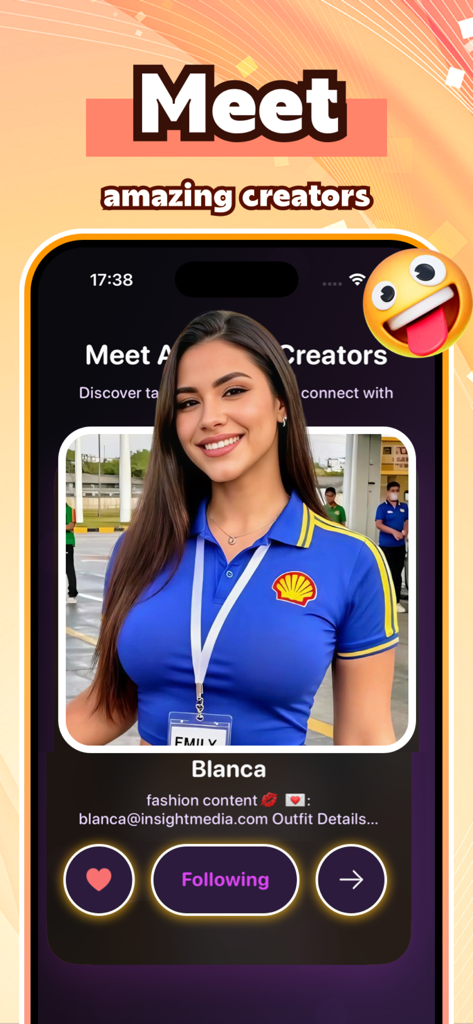 Lumix - Video & Chat - Pantalla de la aplicación Lumix que muestra el perfil de un creador de moda llamado Blanca con un botón de seguir