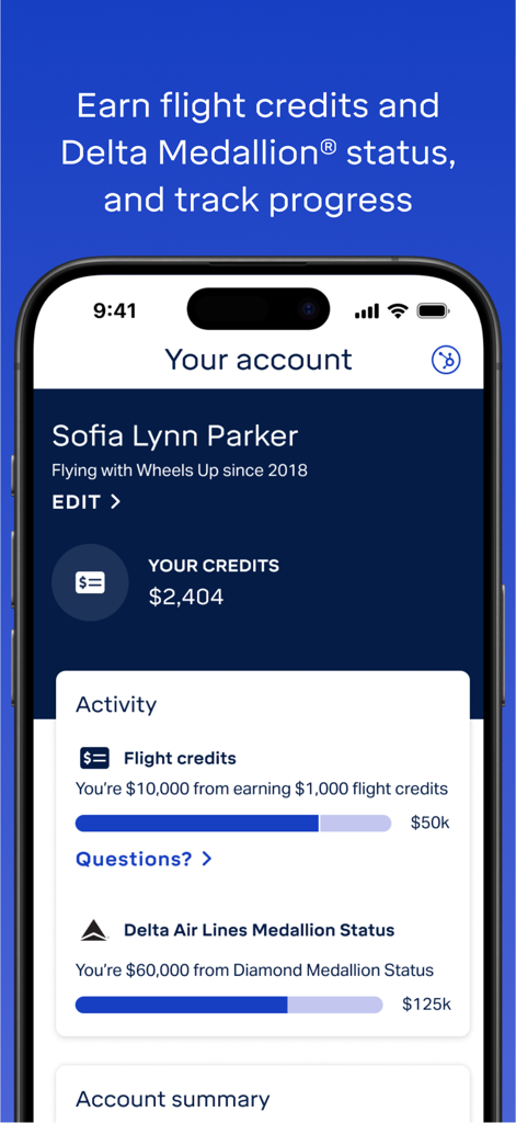 Wheels Up - Wheels Up app user account dashboard showing flight credits and Delta Medallion status tracking progress