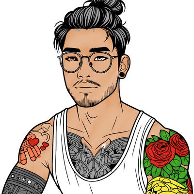 young attractive asian man with a man-bun, glasses, and tattoo's