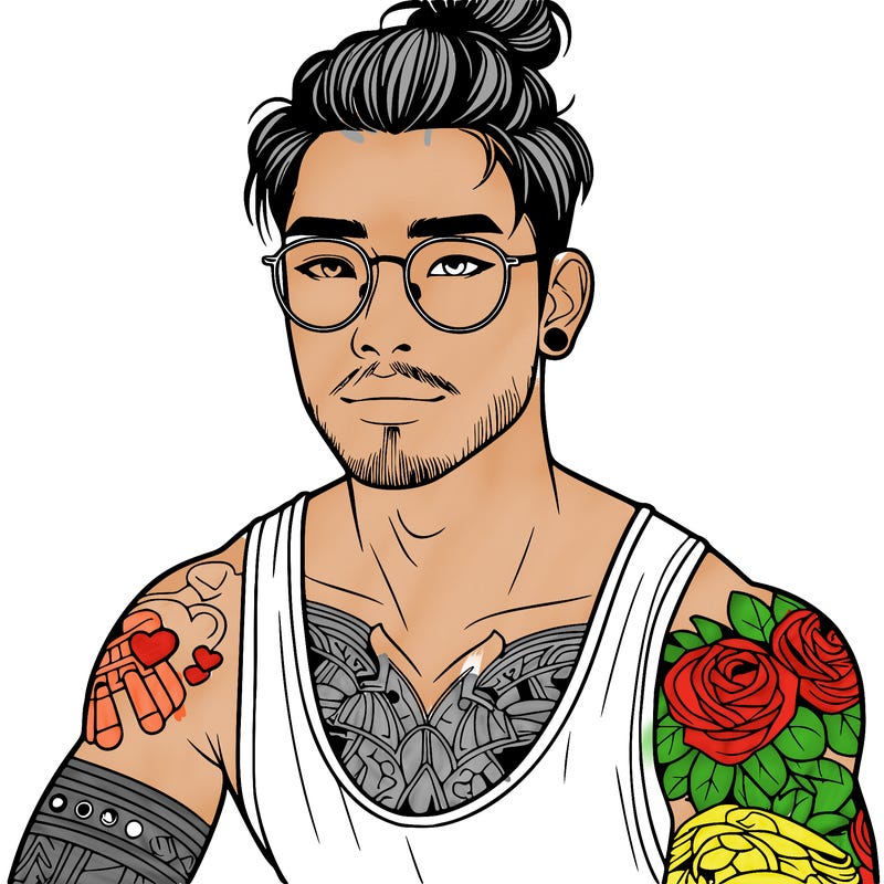 young attractive asian man with a man-bun, glasses, and tattoo's