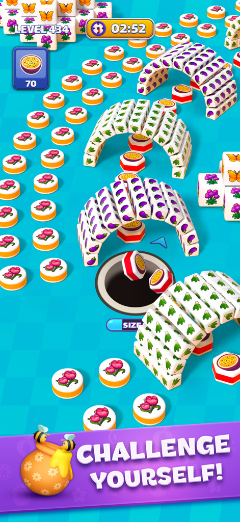 Gameplay of Tiles In Hole showing a black hole swallowing colorful tiles on a level board