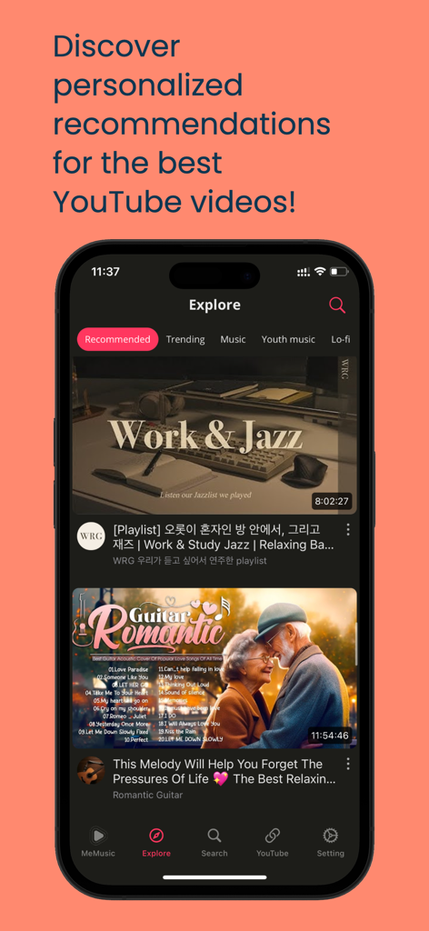 MeMusic - Stream Music, Video - MeMusic app interface showing personalized YouTube music video recommendations on the Explore tab.