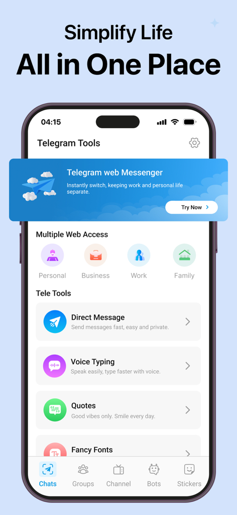 Tela inicial do aplicativo Telegram Tools mostrando gerenciamento de contas duplas e recursos utilitários como digitação por voz.
