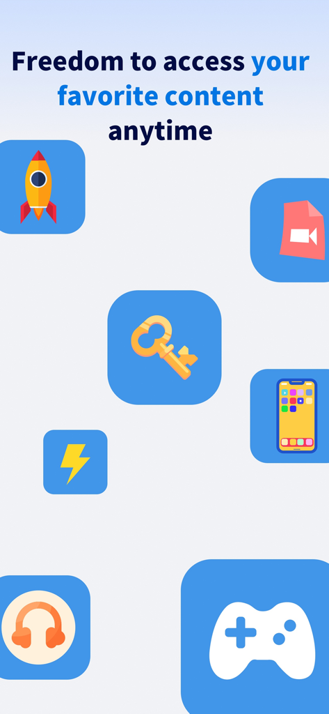 Viva VPN graphic displaying icons for gaming, music, and streaming with text saying Freedom to access your favorite content anytime