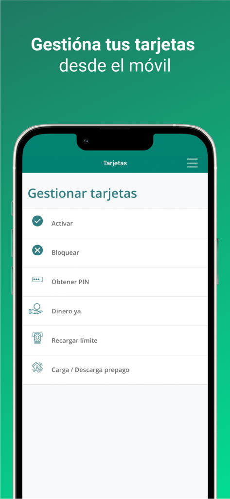 Tela do aplicativo móvel Eurocaja Rural mostrando opções de gerenciamento de cartões como ativar, bloquear e obter PIN.