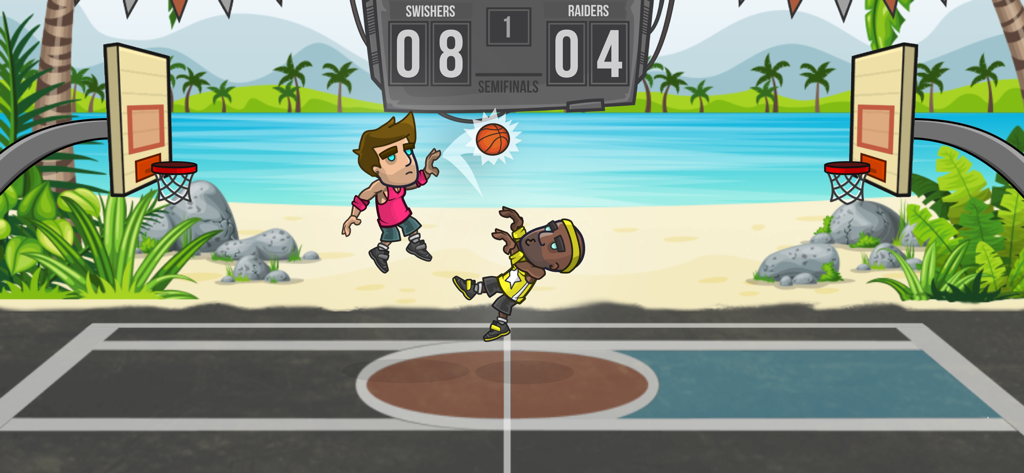 Basketball Battle NO WIFI Game - 열대 해변 코트에서 1대1 농구 경기를 하는 두 명의 카툰 캐릭터 플레이어
