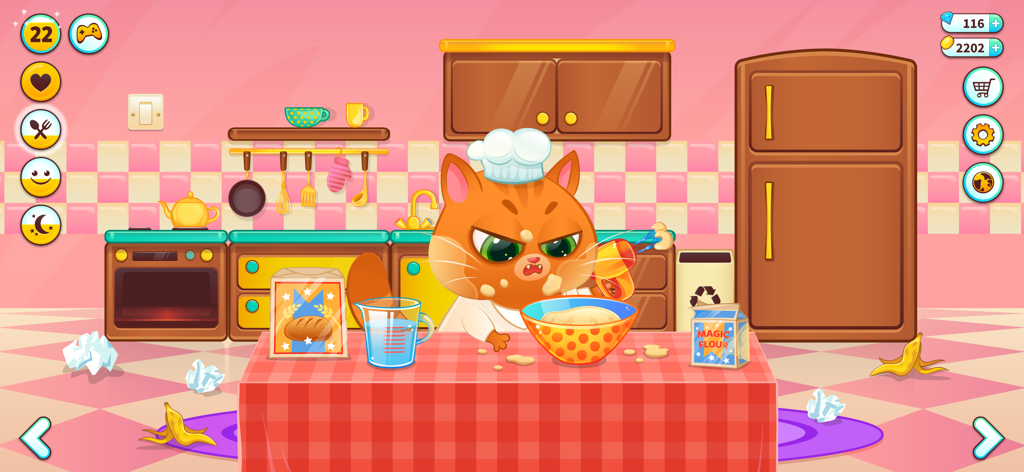 Bubbu the virtual pet cat wearing a chef hat and mixing ingredients in a kitchen