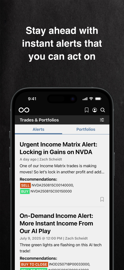 Capture d'écran de l'application Paradigm Press montrant des alertes de trading instantanées pour des options d'actions, y compris NVDA