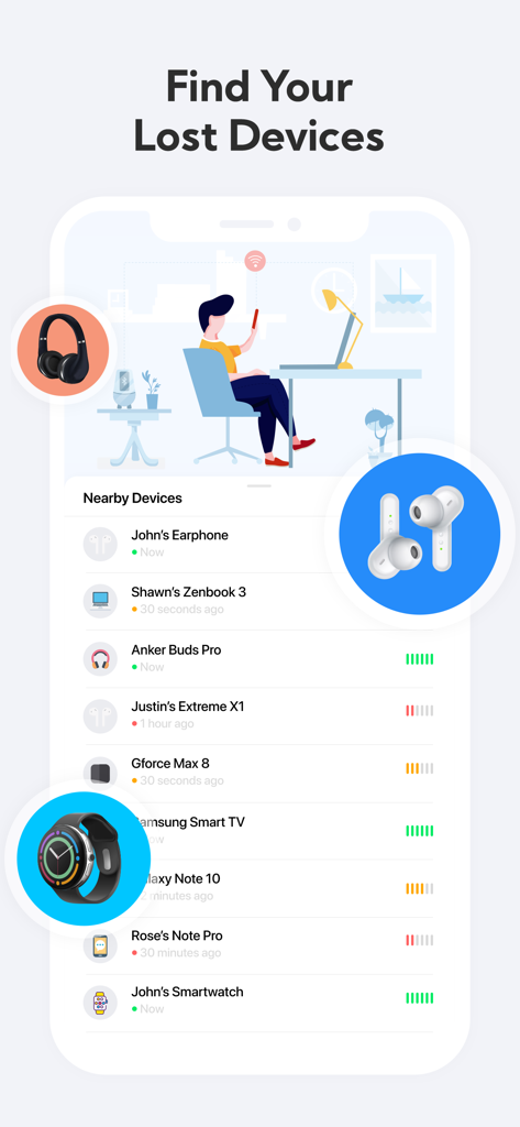Device Tracker - Interface do aplicativo Localizador de Dispositivos mostrando uma lista de dispositivos Bluetooth próximos detectados, como fones de ouvido e smartwatches.