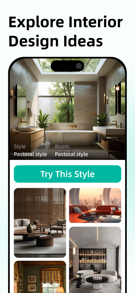 iArch - AI  Home Design - Mobile app screen showing various interior design style ideas including a pastoral bathroom and modern living rooms