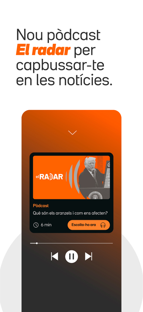 3CatInfo - Interface de l'application mobile 3CatInfo montrant le lecteur de podcast El radar pour des analyses d'actualités approfondies.