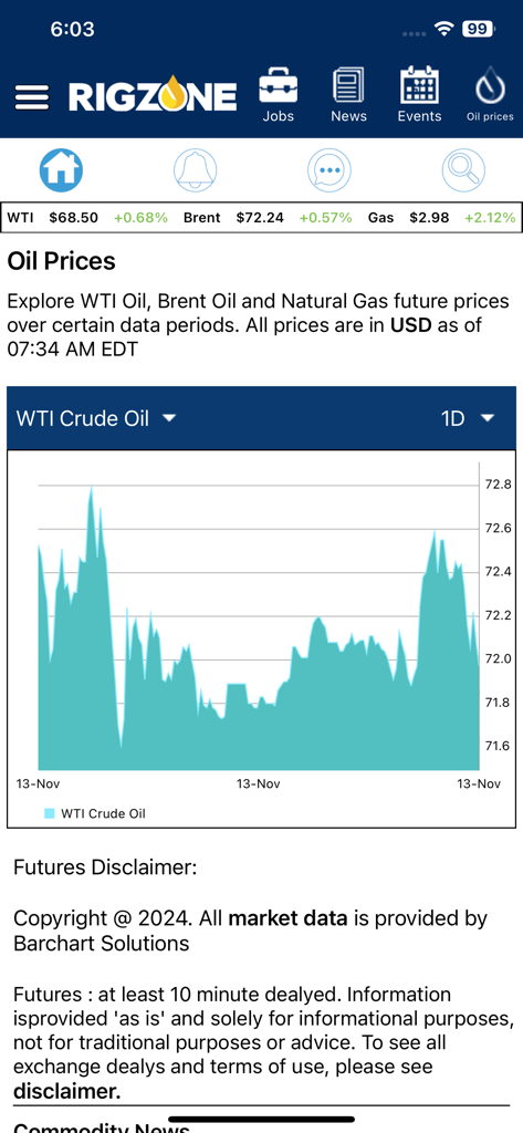 A screenshot of the Rigzone mobile app displaying a real-time WTI Crude Oil price chart and energy market commodity prices.