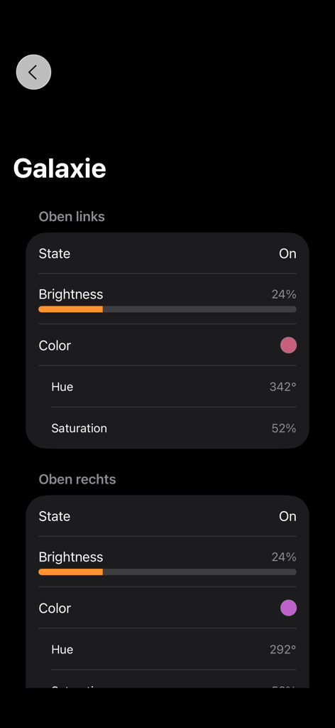 Interface showing brightness and color settings for individual smart lights in a scene.