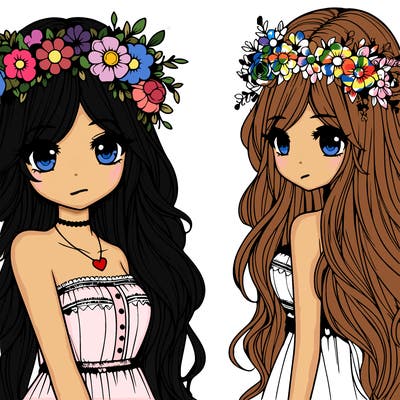 realistic girl with a flower crown and long hair in a cute outfit