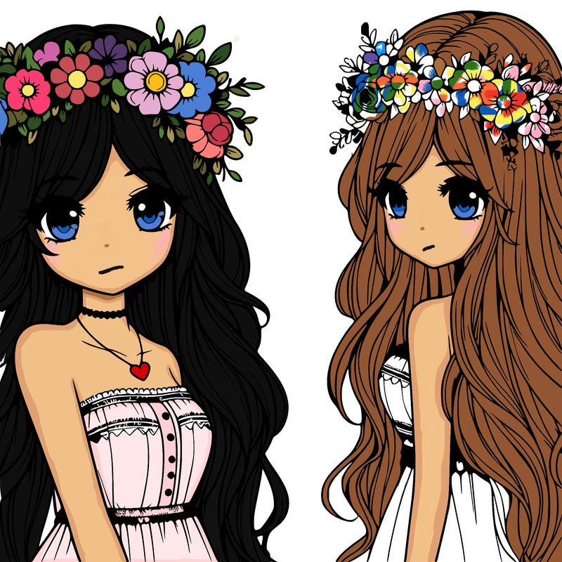 realistic girl with a flower crown and long hair in a cute outfit