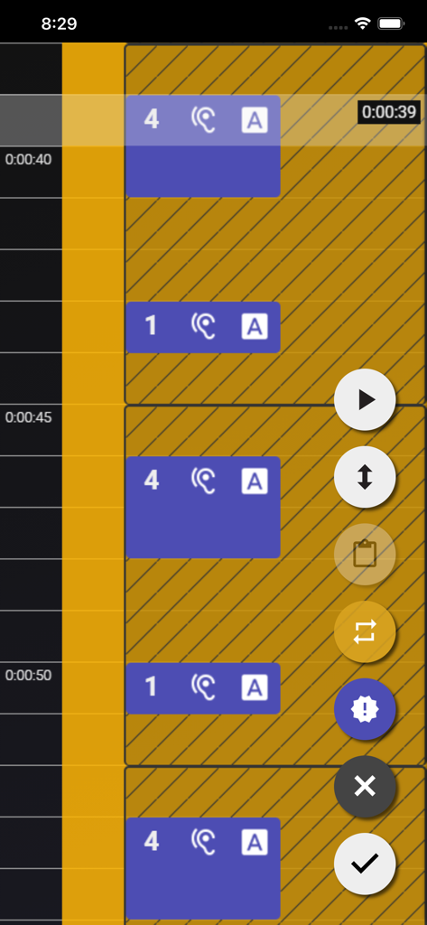 Kruboss Bag Work - Kruboss Bag Workアプリのワークアウト編集画面。ストライクのシーケンスタイムラインとさまざまな編集コントロールボタンが表示されています。
