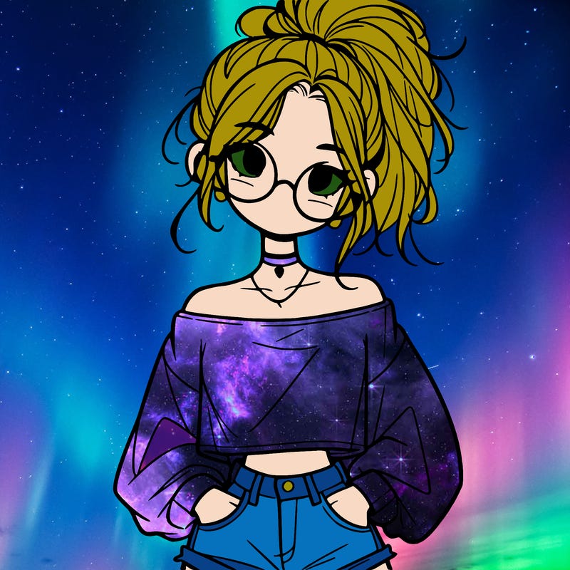 girl with a messy ponytail glasses a baggy crop top and jean shorts