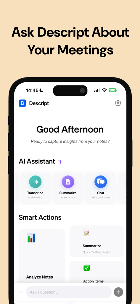 Descript - AI Audio Summaries - Oberfläche der Descript-App mit KI-Assistentenwerkzeugen zum Transkribieren, Zusammenfassen und Chatten mit Besprechungsnotizen.