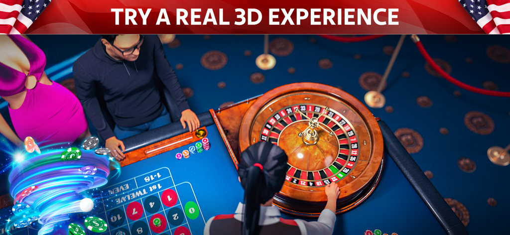 プレイヤーと回転するホイールを備えた仮想カジノルーレットテーブルのトップダウン3Dビュー